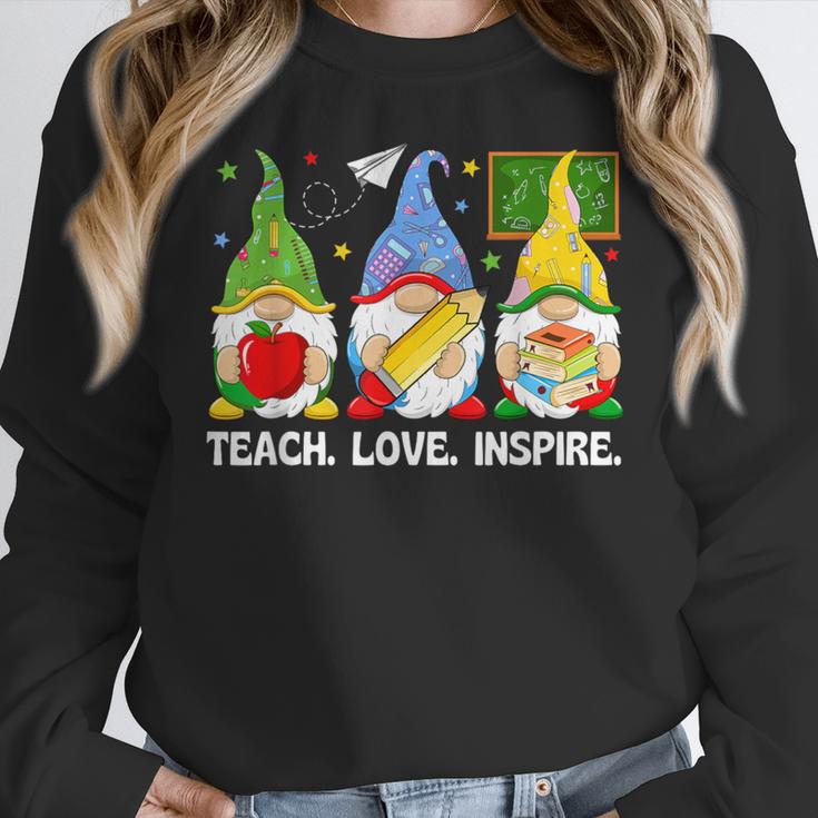 Cute Gnomes Teach Love And Inspire Back To School Teacher Women Crewneck Sweatshirt, funny design Cute Gnomes Teach Love And Inspire Back To School Teacher Women Crewneck Sweatshirt, funny design