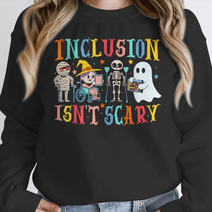 Cute Inclusion Isn't Scary Teacher Skeleton Ghost Halloween Women Crewneck Sweatshirt, funny design Cute Inclusion Isn't Scary Teacher Skeleton Ghost Halloween Women Crewneck Sweatshirt, funny design
