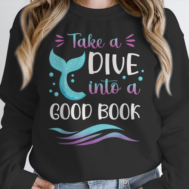 Cute Mermaid Librarian Teacher Dive Into A Good Book Reading Women Crewneck Sweatshirt, funny design Cute Mermaid Librarian Teacher Dive Into A Good Book Reading Women Crewneck Sweatshirt, funny design