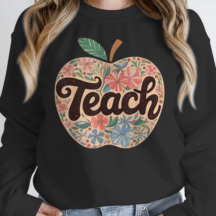 Cute Teacher With Apple Retro Teacher Kids Back To School Women Crewneck Sweatshirt, funny design Cute Teacher With Apple Retro Teacher Kids Back To School Women Crewneck Sweatshirt, funny design