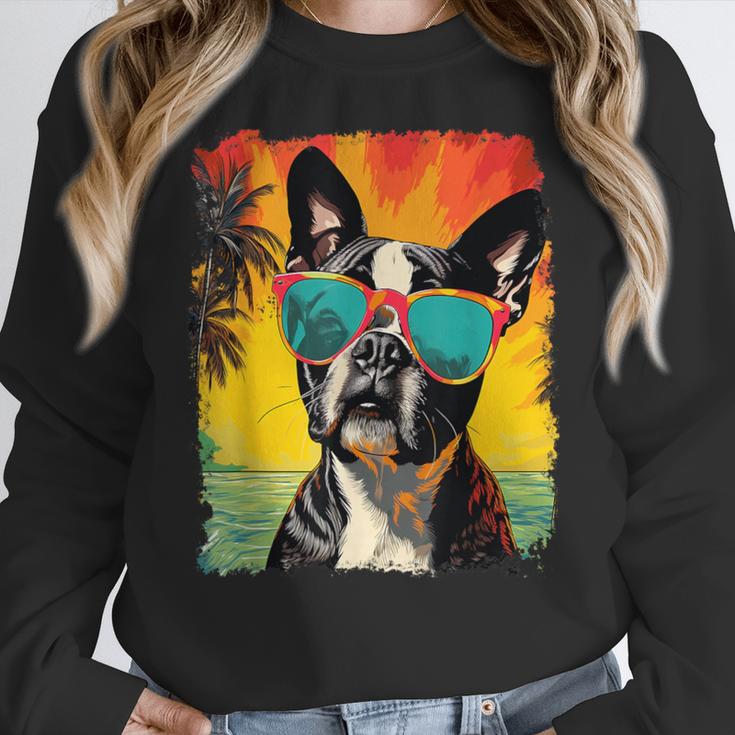 Dog Boston Terrier Hawaiian Women Crewneck Sweatshirt, funny design