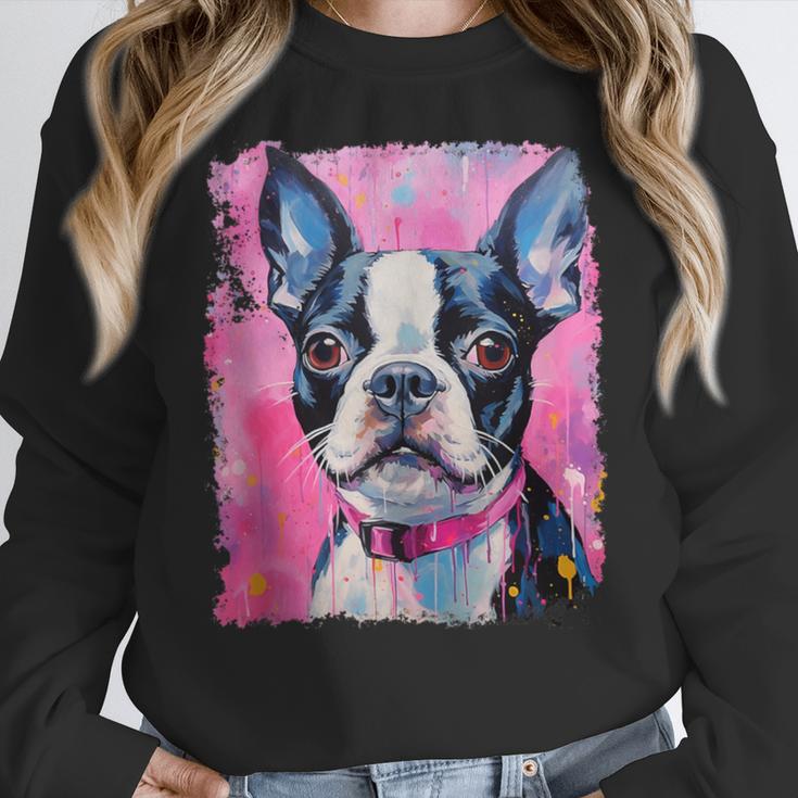 Dog Pink Boston Terrier Women Crewneck Sweatshirt, funny design