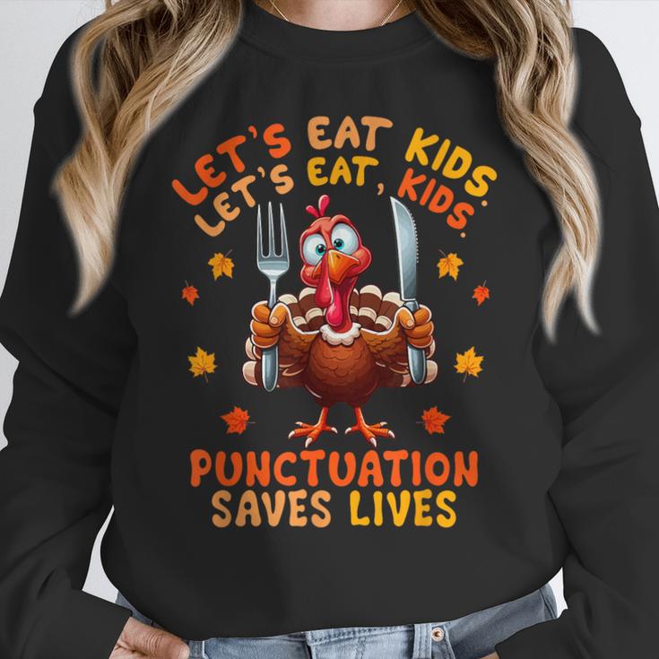 Eat Kids Punctuation Saves Lives Thanksgiving Turkey Teacher Women Crewneck Sweatshirt, funny design