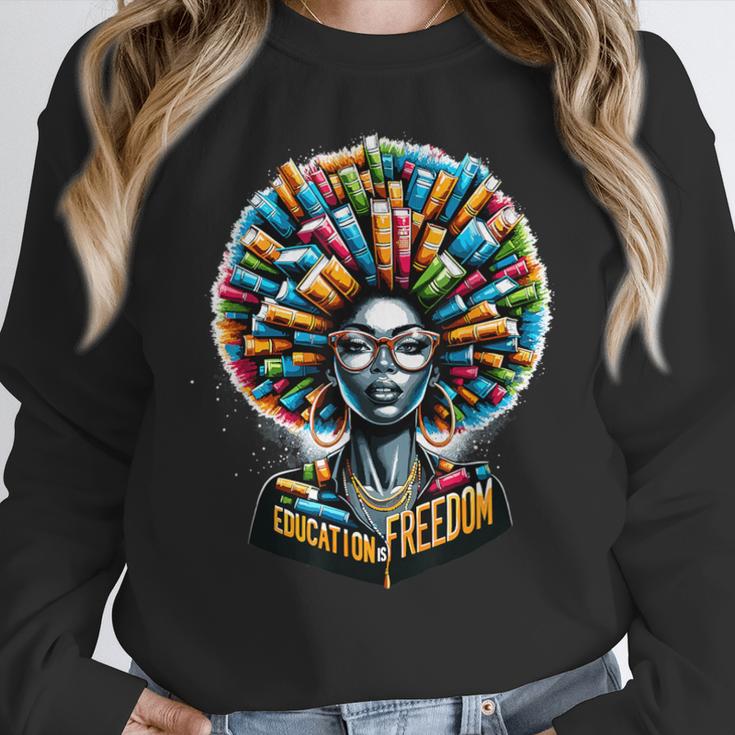 Education Is Freedom History Month Teacher Books Afro Women Crewneck Sweatshirt, History Teacher Gifts, funny design