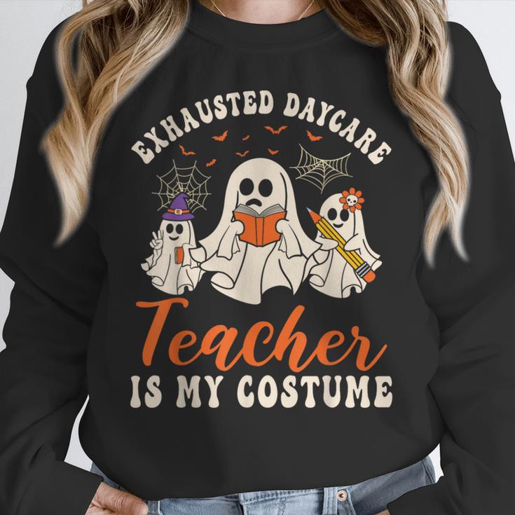 Exhausted Daycare Teacher Is My Costume Halloween Ghost Fun For Men Women Women Crewneck Sweatshirt, funny design Exhausted Daycare Teacher Is My Costume Halloween Ghost Fun For Men Women Women Crewneck Sweatshirt, funny design