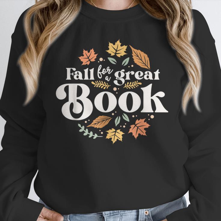 Fall For A Great Book Reading Librarian Autumn Teacher Women Crewneck Sweatshirt, funny design