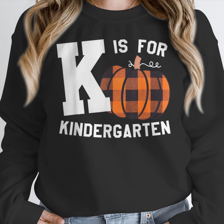 Fall Kindergarten Teacher K Is For Buffalo Plaid Pumpkin Women Crewneck Sweatshirt, funny design Fall Kindergarten Teacher K Is For Buffalo Plaid Pumpkin Women Crewneck Sweatshirt, funny design