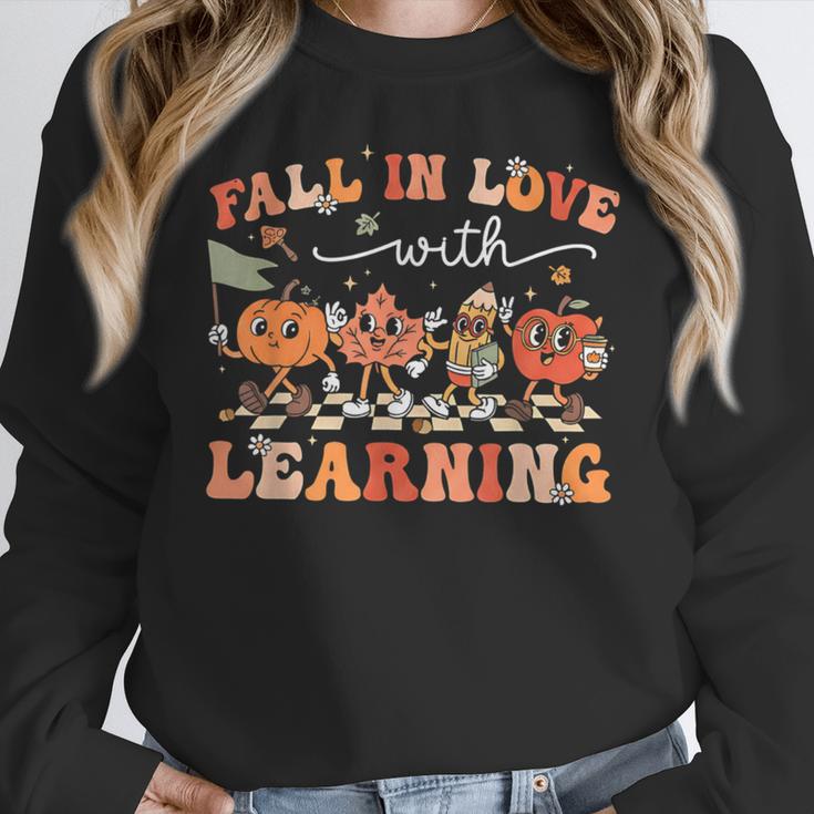 Fall In Love With Learning Autumn Teacher Thanksgiving Women Crewneck Sweatshirt, funny design