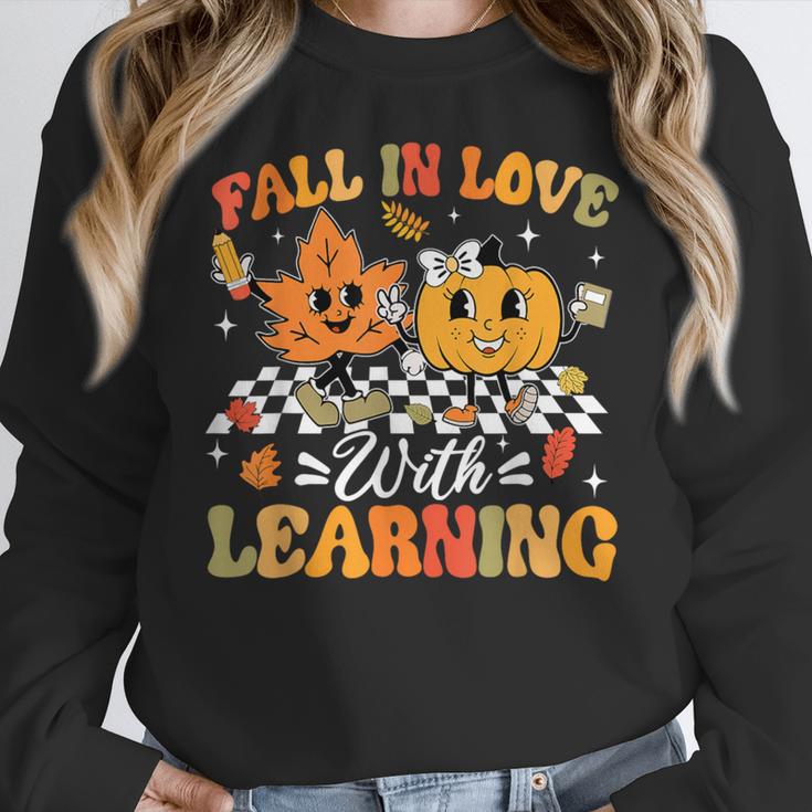 Fall In Love With Learning Fall Teacher Thanksgiving Retro Women Crewneck Sweatshirt, funny design Fall In Love With Learning Fall Teacher Thanksgiving Retro Women Crewneck Sweatshirt, funny design