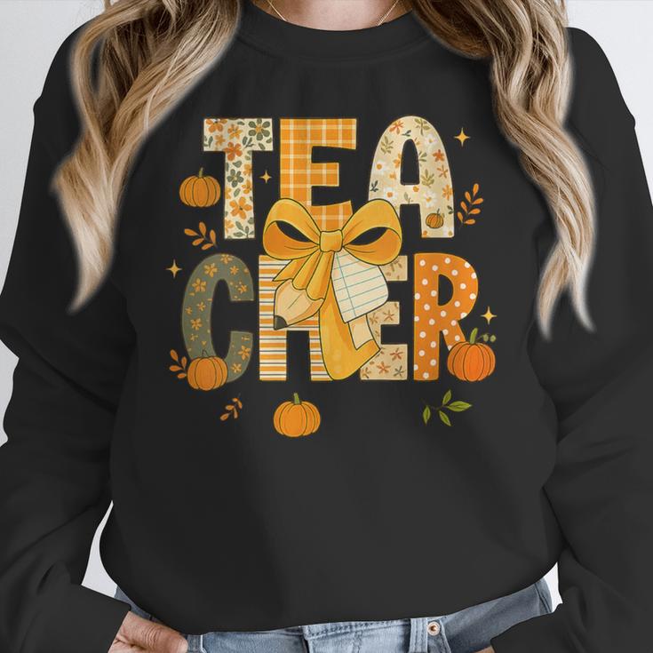 Fall Teacher Pumpkin Coquette Bow Autumn Classroom Women Crewneck Sweatshirt, funny design