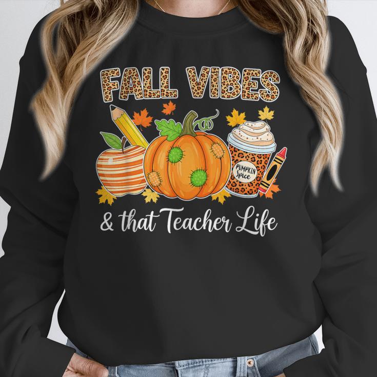 Fall Vibes And That Teacher Life Autumn Thanksgiving Women Crewneck Sweatshirt, funny design Fall Vibes And That Teacher Life Autumn Thanksgiving Women Crewneck Sweatshirt, funny design