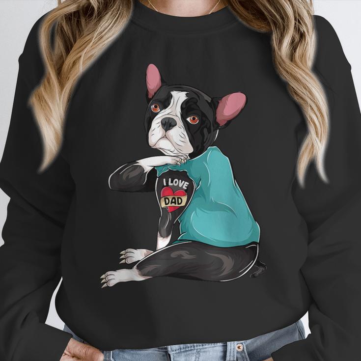 Father's Day Gift Dog Dad Boston Terrier i Love Dad Tattoo Women Crewneck Sweatshirt, Boston Terrier Dad Gifts, funny design