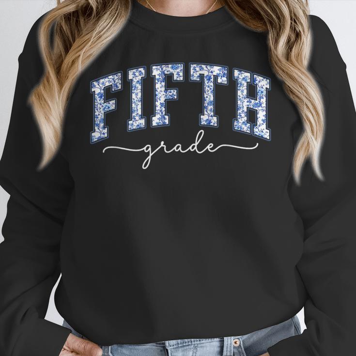 Fifth Grade Coquette Toile Blue Bow Floral Women Teacher Women Crewneck Sweatshirt, funny design Fifth Grade Coquette Toile Blue Bow Floral Women Teacher Women Crewneck Sweatshirt, funny design