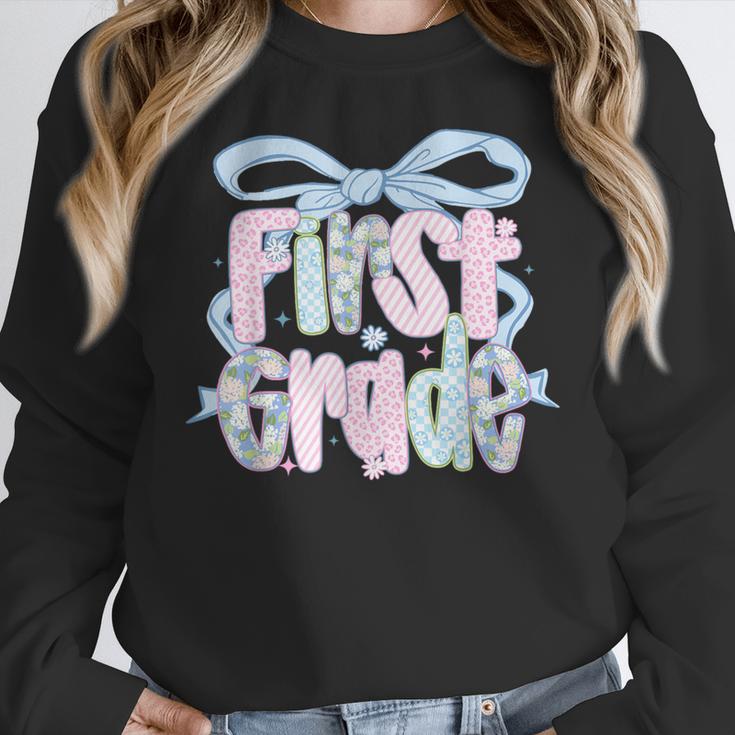 First Grade Coquette Bow Girls Teacher Team 1st Grade Squad Women Crewneck Sweatshirt, First Grade Teacher Gifts, funny design First Grade Coquette Bow Girls Teacher Team 1st Grade Squad Women Crewneck Sweatshirt, First Grade Teacher Gifts, funny design