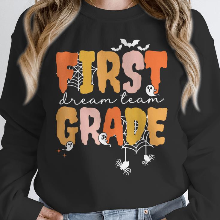 First Grade Dream Retro Team Fall Halloween Spooky Teachers Women Crewneck Sweatshirt, First Grade Teacher Gifts, funny design
