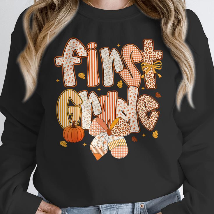 First Grade Fall Floral Coquette Bow Teachers Students Women Crewneck Sweatshirt, First Grade Teacher Gifts, funny design First Grade Fall Floral Coquette Bow Teachers Students Women Crewneck Sweatshirt, First Grade Teacher Gifts, funny design