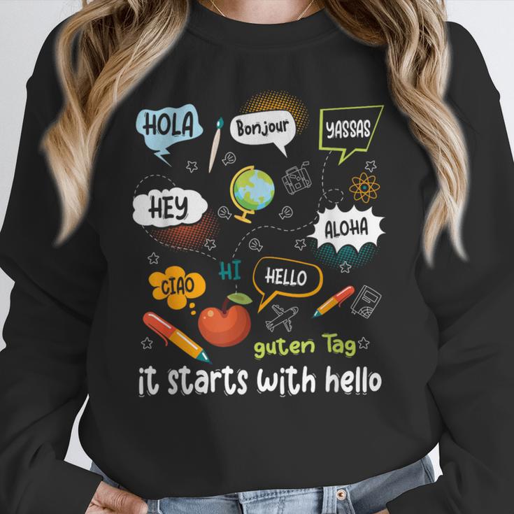 Friendship Inclusion Language Teacher It Starts With Hello Women Crewneck Sweatshirt, funny design Friendship Inclusion Language Teacher It Starts With Hello Women Crewneck Sweatshirt, funny design