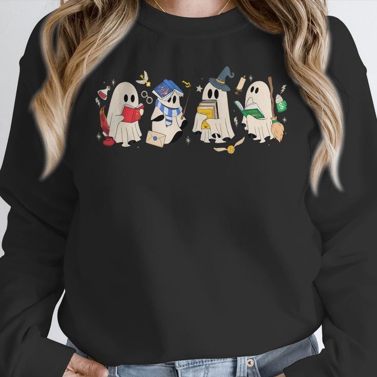 Ghost Book Reading Books Lover Teacher Happy Halloween Women Crewneck Sweatshirt, funny design