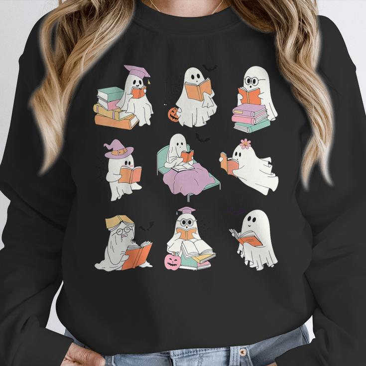 Ghost Book Reading Halloween Books Lover Teacher Kids Women Crewneck Sweatshirt, funny design