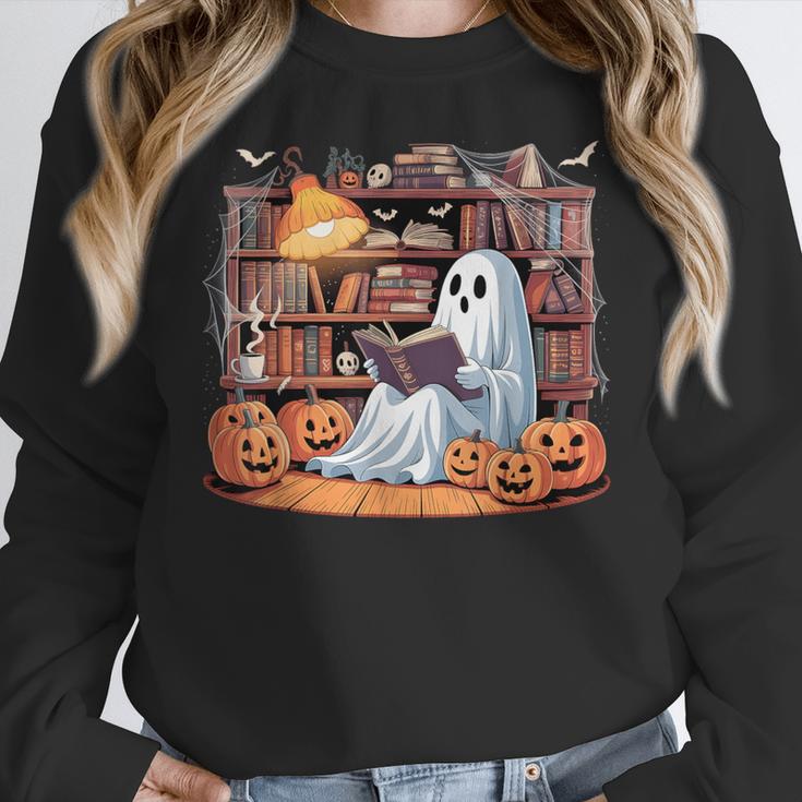 Ghost Book Reading Halloween Books Lover Teacher Women Crewneck Sweatshirt, funny design