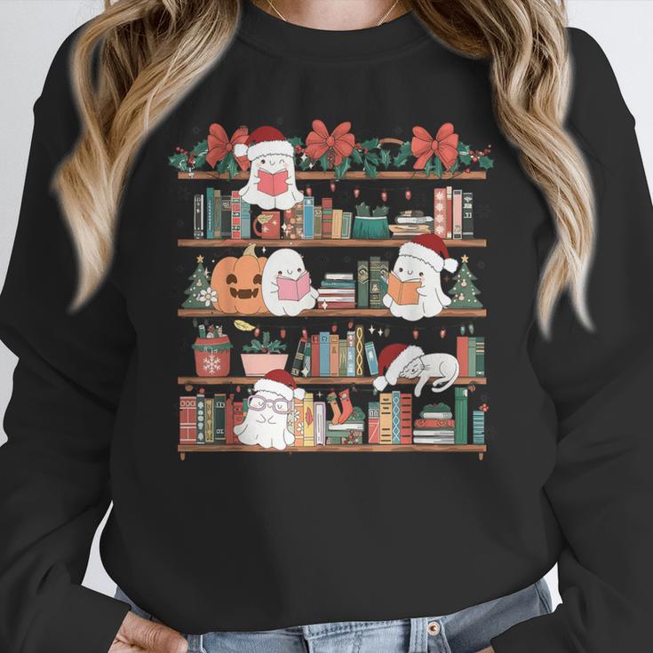 Ghost Christmas Reading Book Lover Library Christmas Teacher Women Crewneck Sweatshirt, funny design