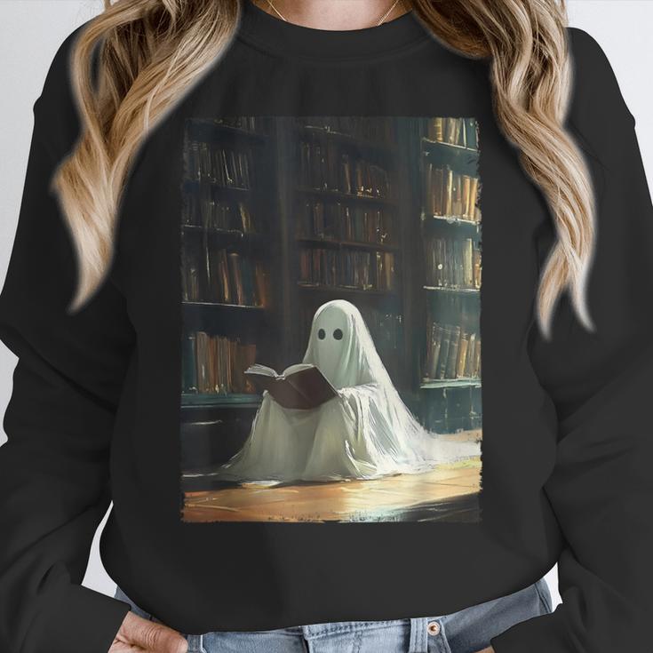 Ghost Library Halloween Book Reading Books Lover Teacher Women Crewneck Sweatshirt, funny design