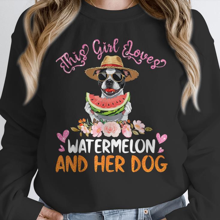 This Girl Loves Watermelon And Her Boston Terrier Dog Mother Women Crewneck Sweatshirt, funny design