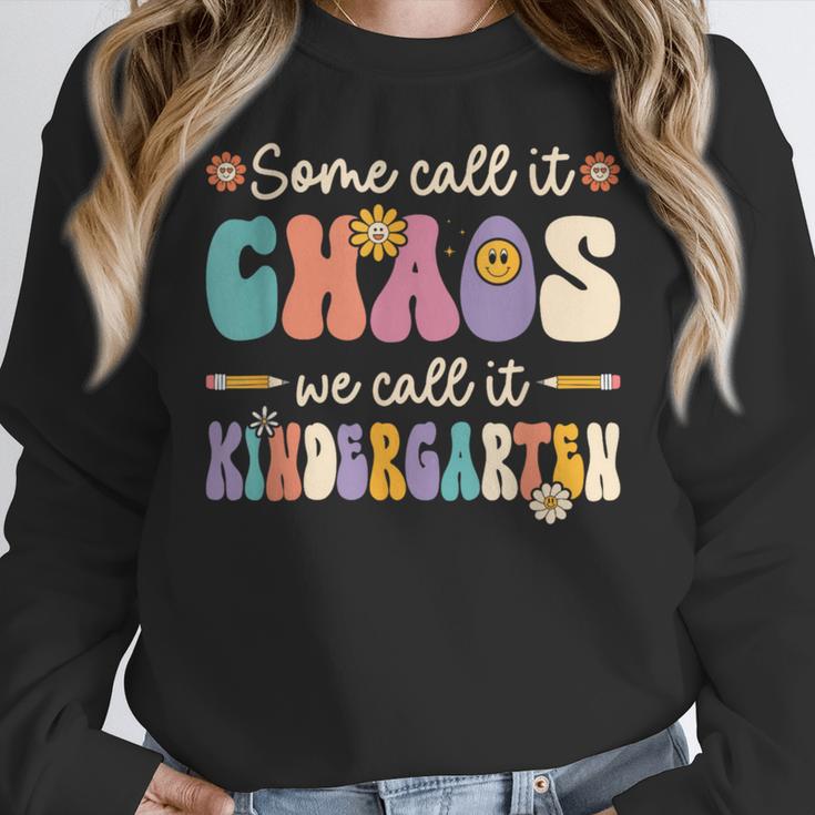 Groovy Some Call It Chaos We Call It Kindergarten Teacher Women Crewneck Sweatshirt, Groovy Teacher Gifts, funny design Groovy Some Call It Chaos We Call It Kindergarten Teacher Women Crewneck Sweatshirt, Groovy Teacher Gifts, funny design