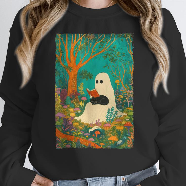 Groovy Ghost Reading Book Cat Halloween Ghost Teacher Women Crewneck Sweatshirt, Groovy Teacher Gifts, funny design Groovy Ghost Reading Book Cat Halloween Ghost Teacher Women Crewneck Sweatshirt, Groovy Teacher Gifts, funny design