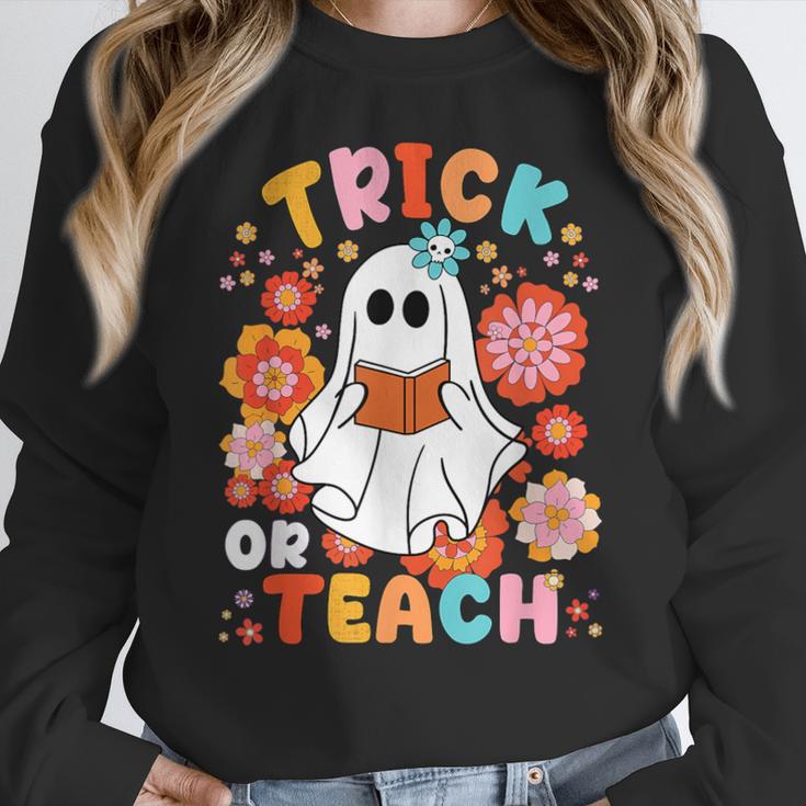 Groovy Halloween Trick Or Teach Retro Floral Ghost Teacher For Men Women Kids Women Crewneck Sweatshirt, Groovy Teacher Gifts, funny design Groovy Halloween Trick Or Teach Retro Floral Ghost Teacher For Men Women Kids Women Crewneck Sweatshirt, Groovy Teacher Gifts, funny design