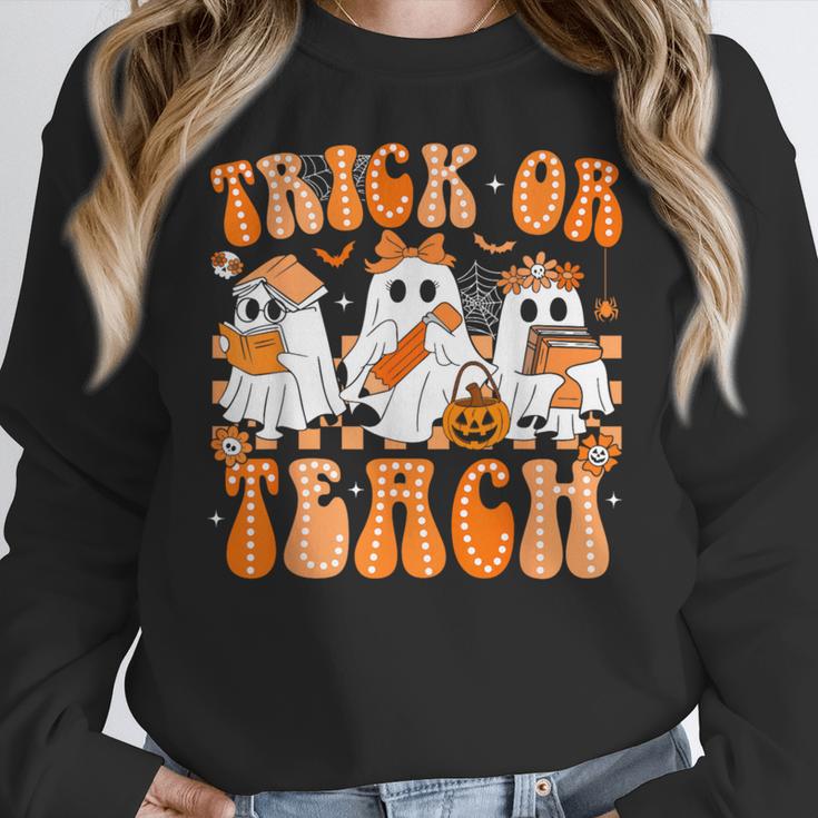 Groovy Teacher Halloween Trick Or Teach Ghost Men Women Kids Women Crewneck Sweatshirt, Groovy Teacher Gifts, funny design