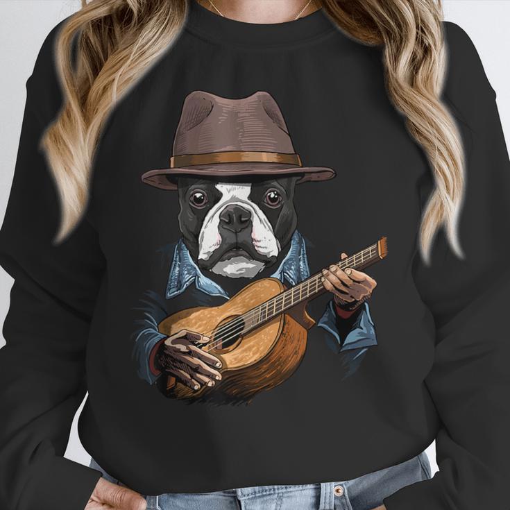 Guitar Shirt Boston Terrier Dog Playing Acoustic Guitar Women Crewneck Sweatshirt, funny design