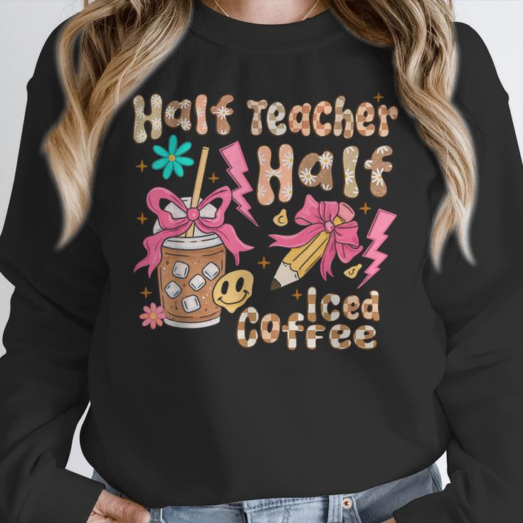 Half Teacher Half Iced Coffee Back To School Women Crewneck Sweatshirt, funny design