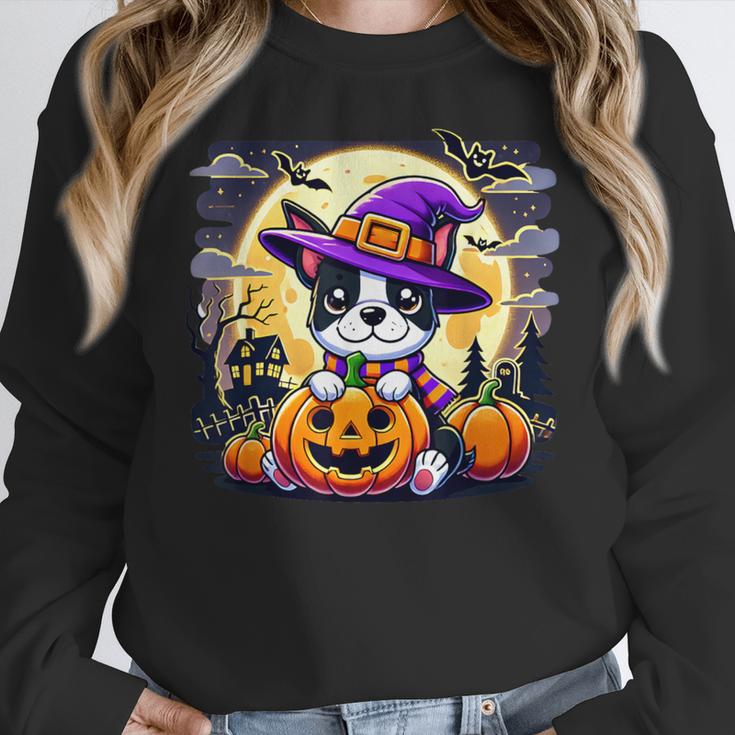 Halloween Boston Terrier Dog Breed With Jack O' Lantern Art Women Crewneck Sweatshirt, Boston Terrier Halloween Gifts, funny design