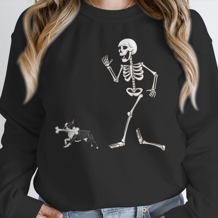 Halloween Boston Terrier And Skeleton Women Crewneck Sweatshirt, Boston Terrier Halloween Gifts, funny design