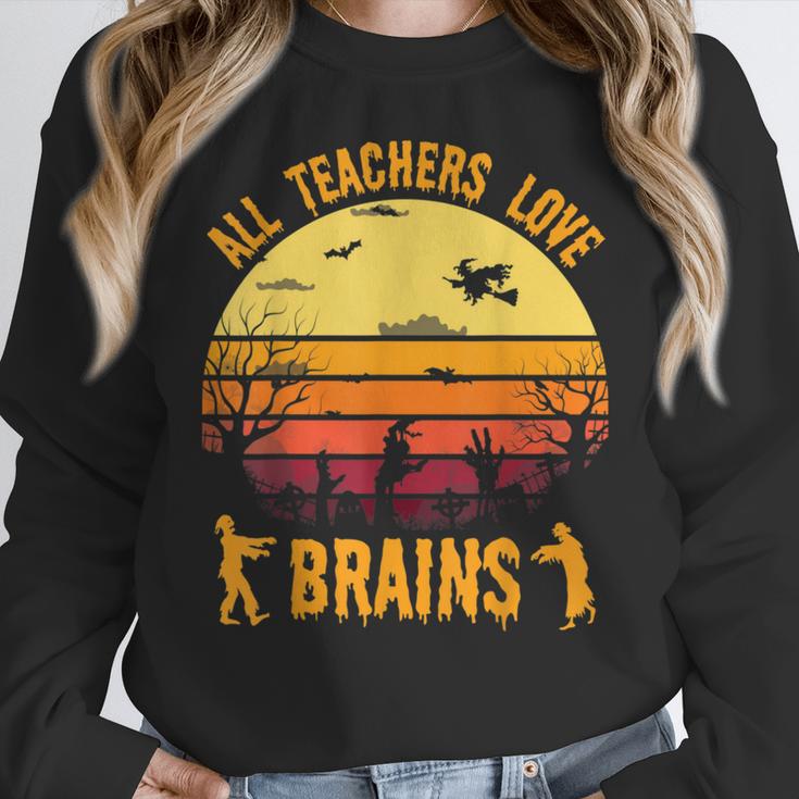 Halloween Costume Teacher Love Brains Zombie Women Crewneck Sweatshirt, funny design