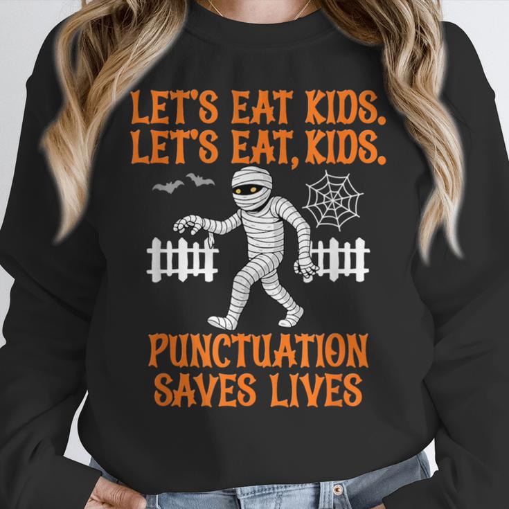 Halloween Lets Eat Kids Punctuation Teacher Women Crewneck Sweatshirt, funny design Halloween Lets Eat Kids Punctuation Teacher Women Crewneck Sweatshirt, funny design