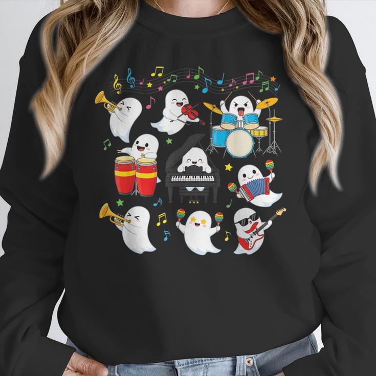 Halloween Music Teacher Ghost Playing Musical Instruments Women Crewneck Sweatshirt, funny design