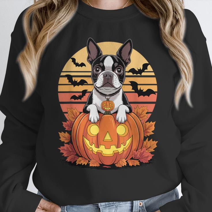 Halloween Retro Boston Terrier Women Crewneck Sweatshirt, Boston Terrier Halloween Gifts, funny design