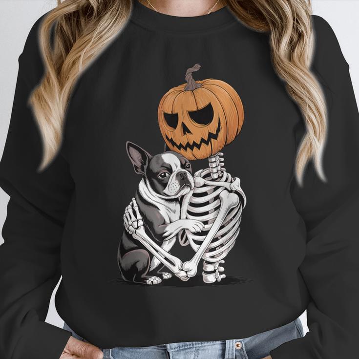 Halloween Skeleton Boston Terrier Women Crewneck Sweatshirt, Boston Terrier Halloween Gifts, funny design