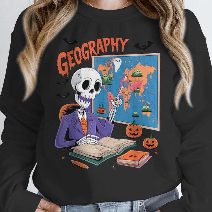 Halloween Skeleton Geography Teacher Pumpkin Bats Classroom Women Crewneck Sweatshirt, funny design Halloween Skeleton Geography Teacher Pumpkin Bats Classroom Women Crewneck Sweatshirt, funny design