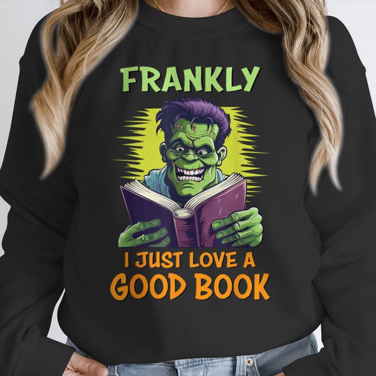 Halloween Teacher Librarian Frankenstein Reading Books Women Crewneck Sweatshirt, funny design