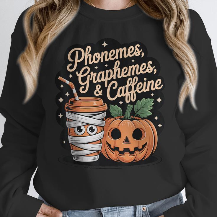Halloween Teacher Phonemes Graphemes Caffeine Coffee Lover Women Crewneck Sweatshirt, funny design Halloween Teacher Phonemes Graphemes Caffeine Coffee Lover Women Crewneck Sweatshirt, funny design