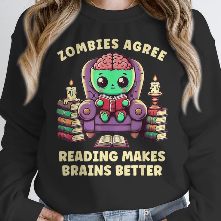Halloween Teacher Zombie Reading Is Good For Brains Women Crewneck Sweatshirt, funny design Halloween Teacher Zombie Reading Is Good For Brains Women Crewneck Sweatshirt, funny design