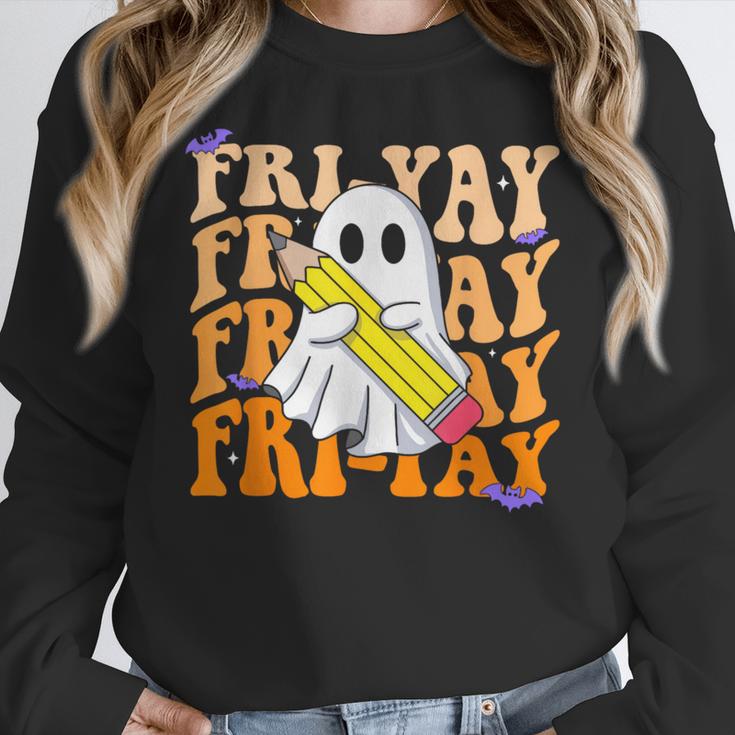 Happy Fri-Yay Friday Lovers Groovy Teacher Life Halloween Women Crewneck Sweatshirt, Groovy Teacher Gifts, funny design Happy Fri-Yay Friday Lovers Groovy Teacher Life Halloween Women Crewneck Sweatshirt, Groovy Teacher Gifts, funny design