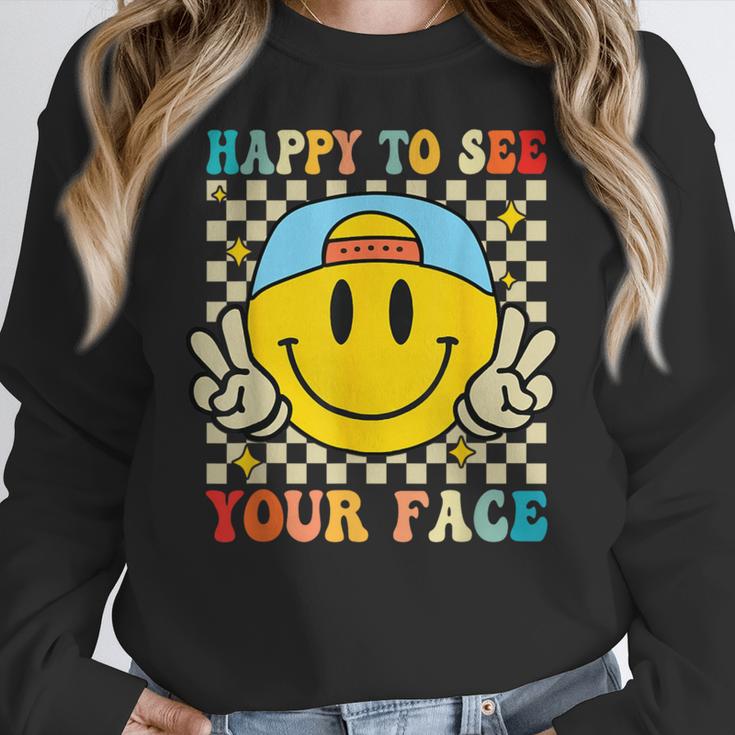 Happy To See Your Face Hippie Smile Back To School Teachers Women Crewneck Sweatshirt, funny design