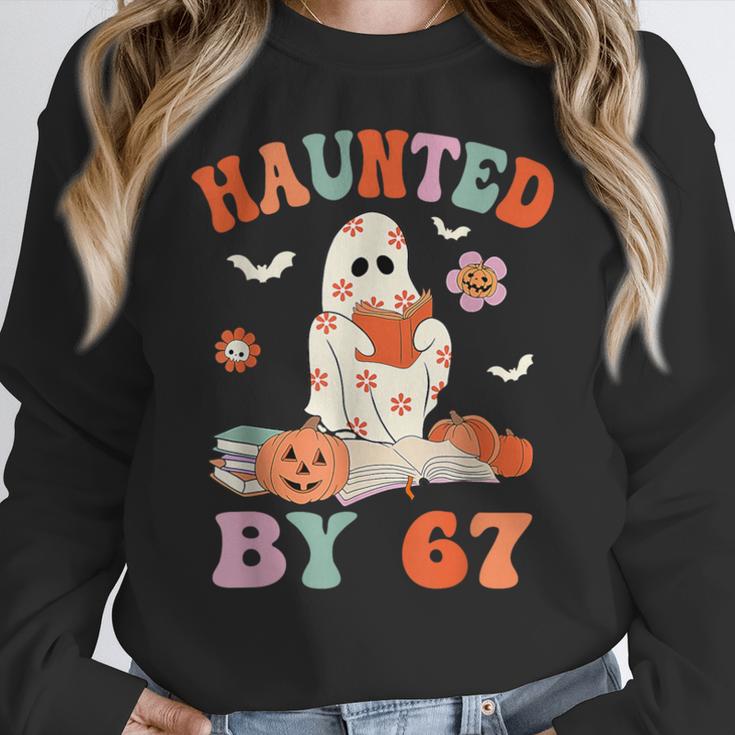Haunted By 67 Boo Ghost Teacher 6 7 Halloween Costume Women Crewneck Sweatshirt, funny design Haunted By 67 Boo Ghost Teacher 6 7 Halloween Costume Women Crewneck Sweatshirt, funny design