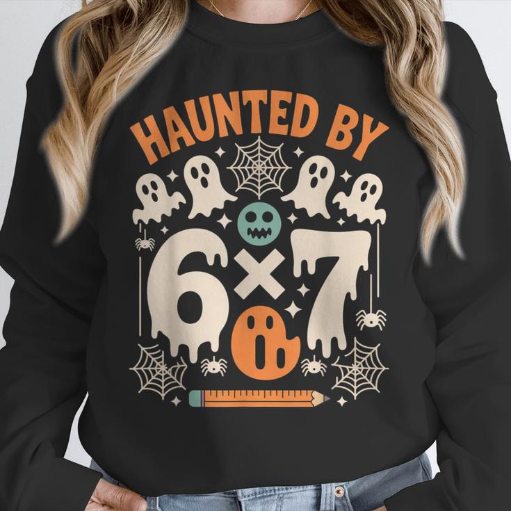 Haunted By 6x7 Math Teacher Halloween Pun Women Crewneck Sweatshirt, funny design Haunted By 6x7 Math Teacher Halloween Pun Women Crewneck Sweatshirt, funny design