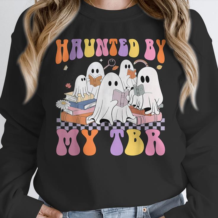 Haunted By My TBR Cute Ghosts Book Reading Teacher Halloween Women Crewneck Sweatshirt, funny design Haunted By My TBR Cute Ghosts Book Reading Teacher Halloween Women Crewneck Sweatshirt, funny design
