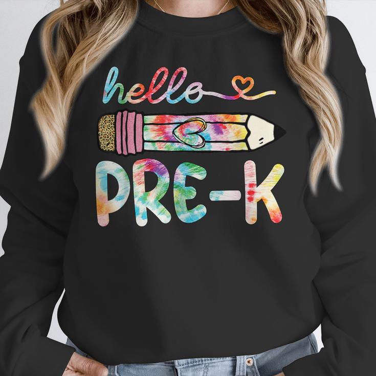 Hello Pre-K Pencil Teacher Student Tie Dye Women Crewneck Sweatshirt, funny design Hello Pre-K Pencil Teacher Student Tie Dye Women Crewneck Sweatshirt, funny design
